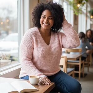 NEW❗️1 LEFT❗️3X•Pink Boucle’ Pink Back Cut Out Detail Sweater